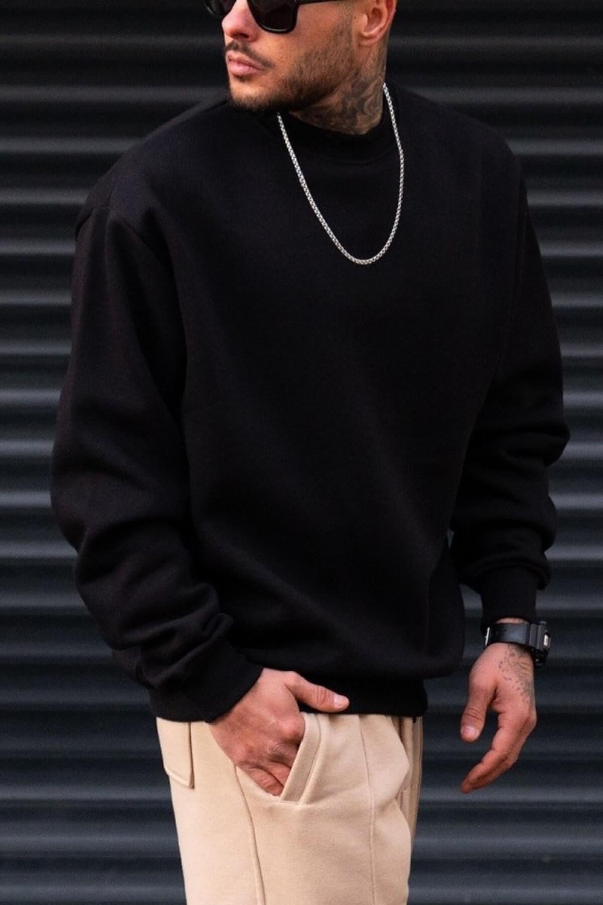 Erkek Düz Siyah Basic Baskısız Sıfır Bisiklet Yaka Oversize Salaş Sweatshirt Sweat