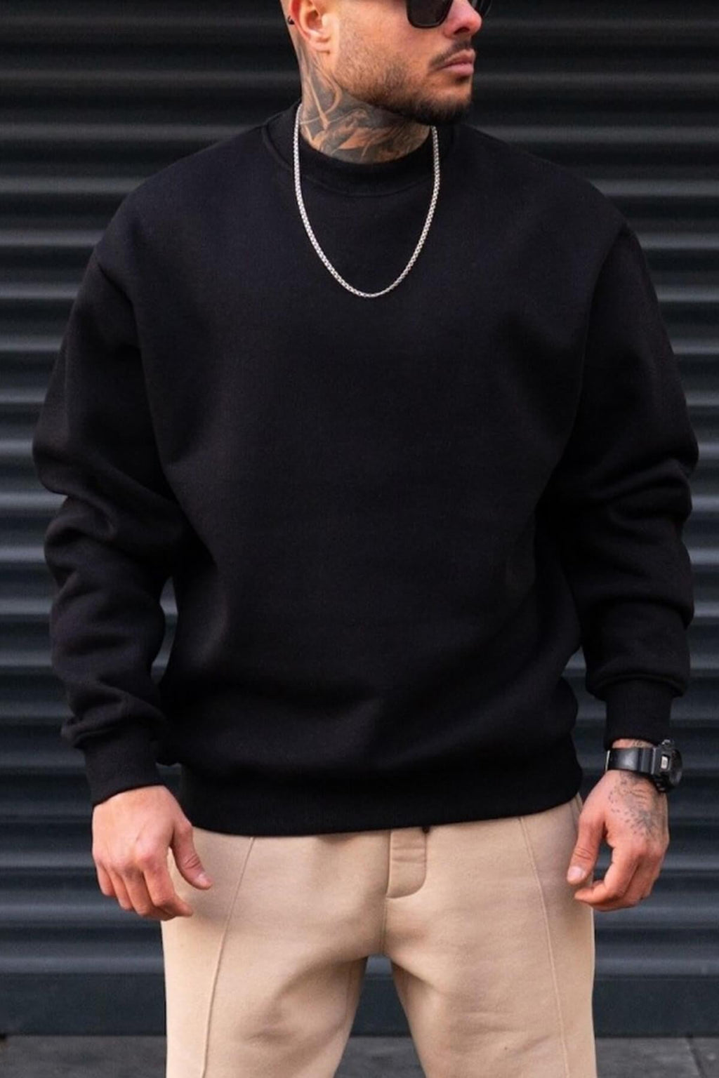 Erkek Düz Siyah Basic Baskısız Sıfır Bisiklet Yaka Oversize Salaş Sweatshirt Sweat