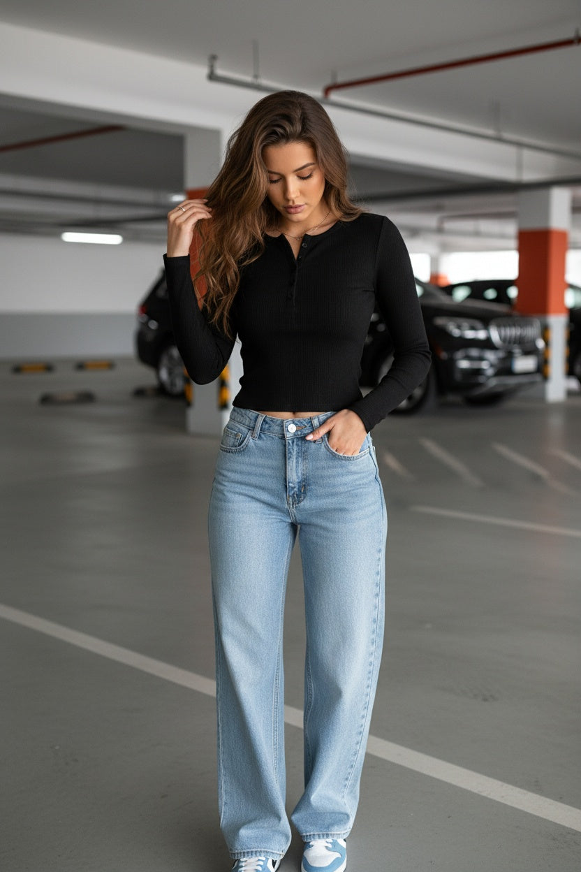 Kadın Siyah Bisiklet Yaka Uzun Kollu Fitilli Kaşkorse Bluz Body