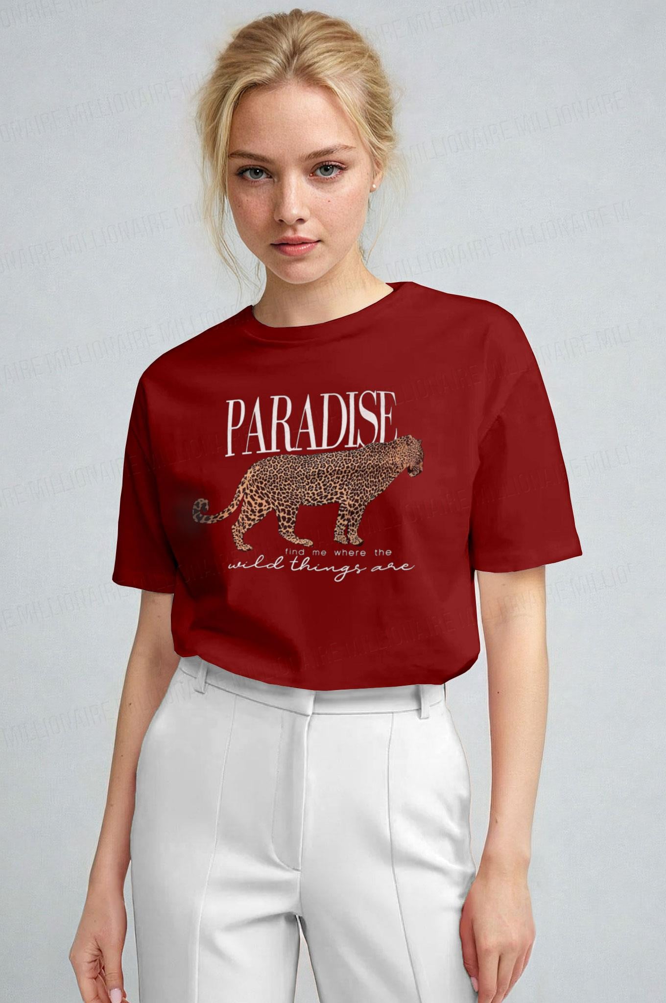 Kadın Kırmızı Paradise Leopar Kadın Kısa Kol Relax Fit Rahat Kesim Regular T-shirt