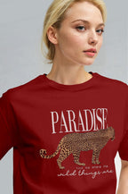 Kadın Kırmızı Paradise Leopar Kadın Kısa Kol Relax Fit Rahat Kesim Regular T-shirt