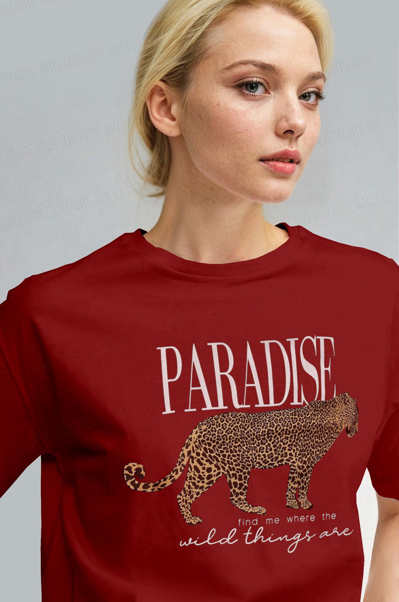 Kadın Kırmızı Paradise Leopar Kadın Kısa Kol Relax Fit Rahat Kesim Regular T-shirt