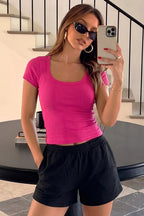 Kadın Şeker Pembe U Yaka Kısa Kollu Fitilli Kaşkorse Bluz Body