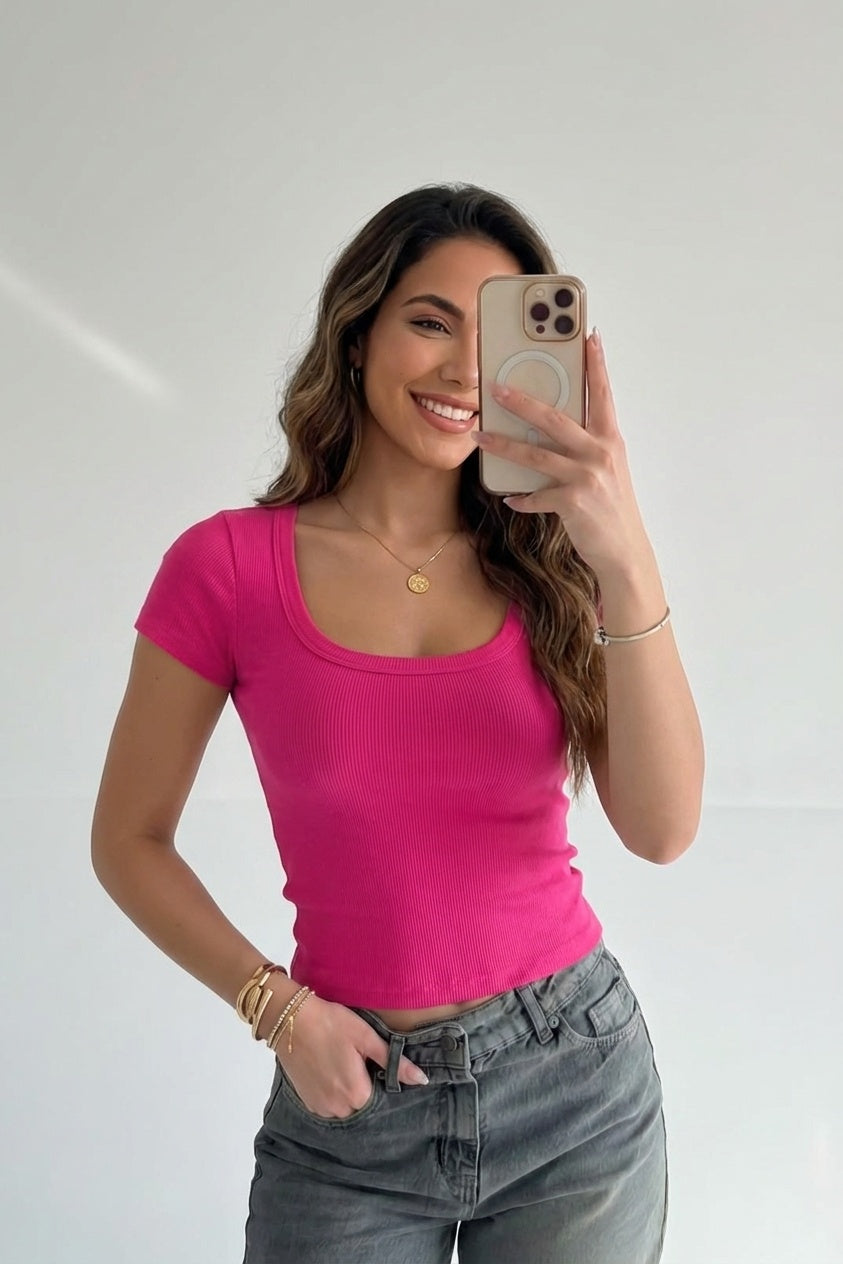 Kadın Şeker Pembe U Yaka Kısa Kollu Fitilli Kaşkorse Bluz Body