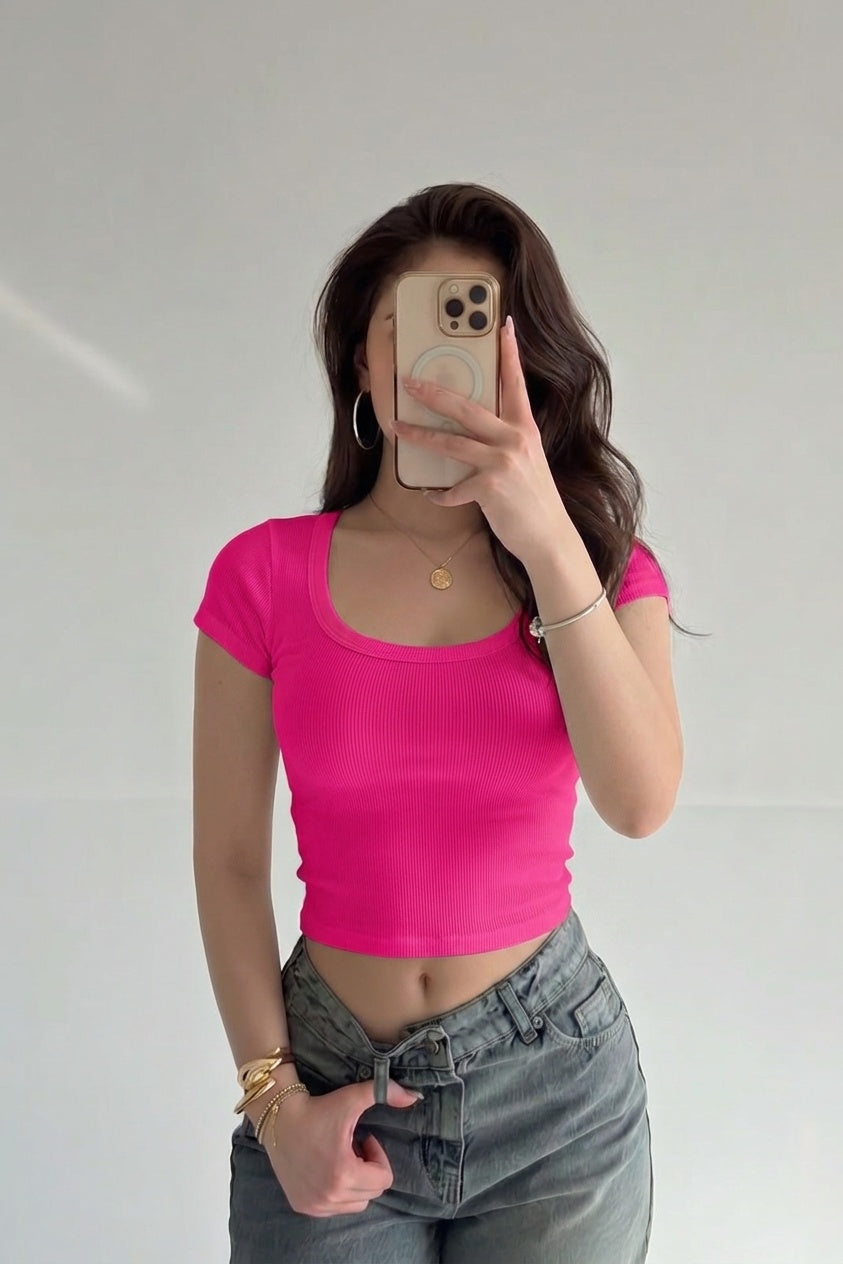 Kadın Şeker Pembe U Yaka Kısa Kollu Fitilli Kaşkorse Body T-Shirt