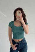 Kadın Petrol Yeşili U Yaka Kısa Kollu Fitilli Kaşkorse Body T-Shirt