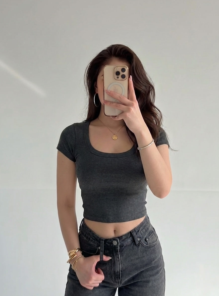 Kadın Antrasit U Yaka Kısa Kollu Fitilli Kaşkorse Bluz Body