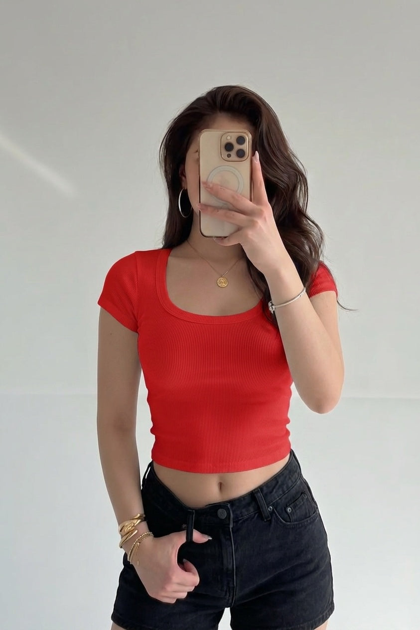 Kadın Kırmızı U Yaka Kısa Kollu Fitilli Kaşkorse Bluz Body
