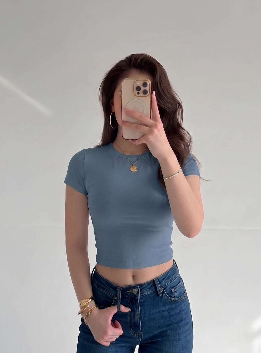 Kadın Füme Bisiklet Yaka Likralı Kısa Kol Body Crop Bluz