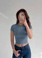 Kadın Füme Bisiklet Yaka Likralı Kısa Kol Body Crop Bluz