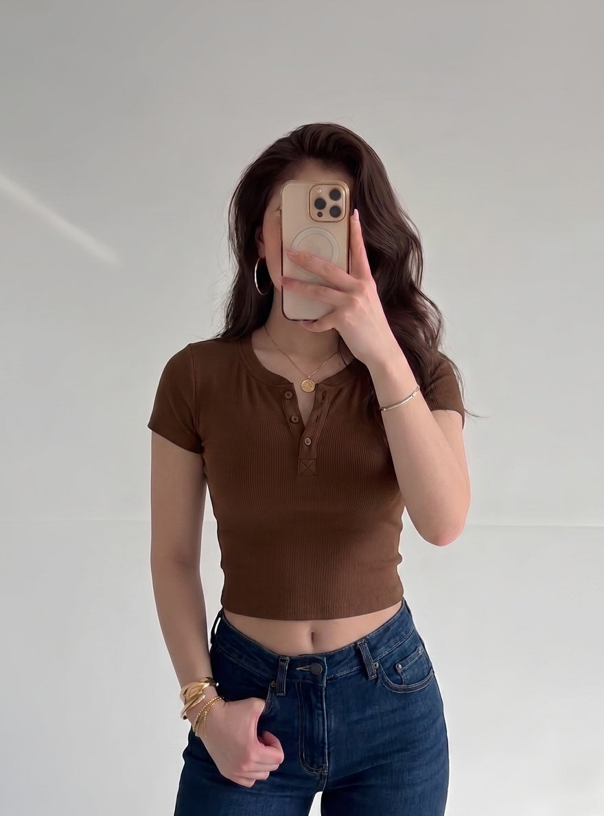 Kadın Acı Kahve Kısa Kollu Patlı Düğmeli Bisiklet Yaka Fitilli Kaşkorse Bluz Body