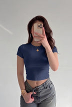 Kadın Lacivert Bisiklet Yaka Likralı Kısa Kol Body Crop Bluz