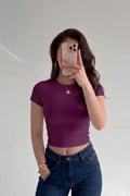 Kadın Mürdüm Bisiklet Yaka Likralı Kısa Kol Body Crop T-Shirt