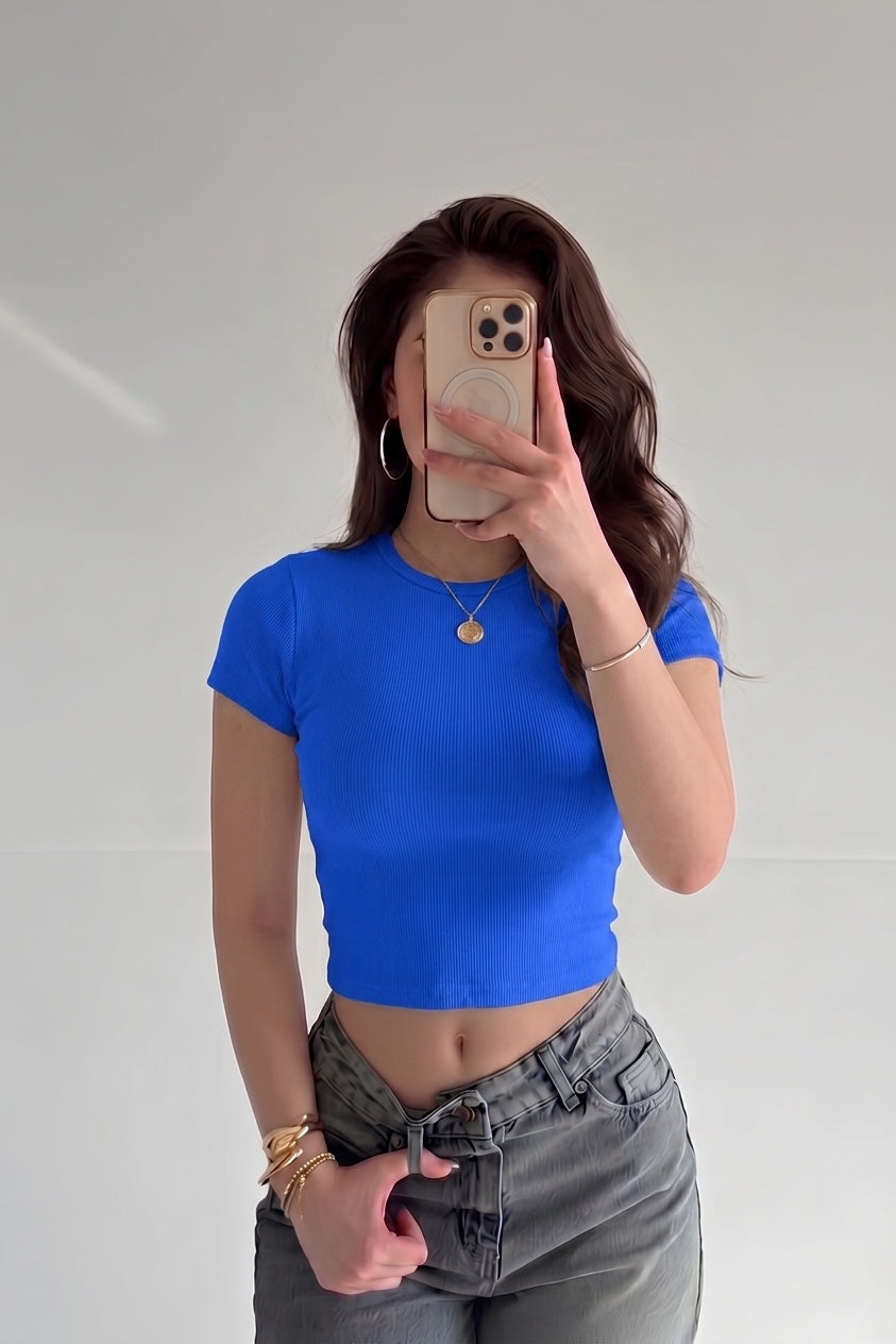 Kadın Saks Mavisi Bisiklet Yaka Kısa Kollu Fitilli Kaşkorse Crop Bluz