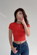Kadın Kırmızı Bisiklet Yaka Kısa Kollu Fitilli Kaşkorse Crop Bluz