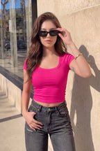 Kadın Şeker Pembe U Yaka Kısa Kollu Fitilli Kaşkorse Body T-Shirt