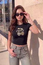 Kadın Siyah Kiraz Leopar Desenli Bisiklet Yaka Likralı Kısa Kol Body Crop Bluz