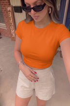 Kadın Oranj Bisiklet Yaka Likralı Kısa Kol Body Crop Bluz