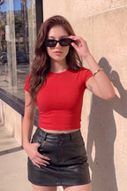 Kadın Kırmızı Bisiklet Yaka Kısa Kollu Fitilli Kaşkorse Crop Bluz