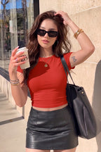 Kadın Kırmızı Bisiklet Yaka Likralı Kısa Kol Body Crop T-Shirt