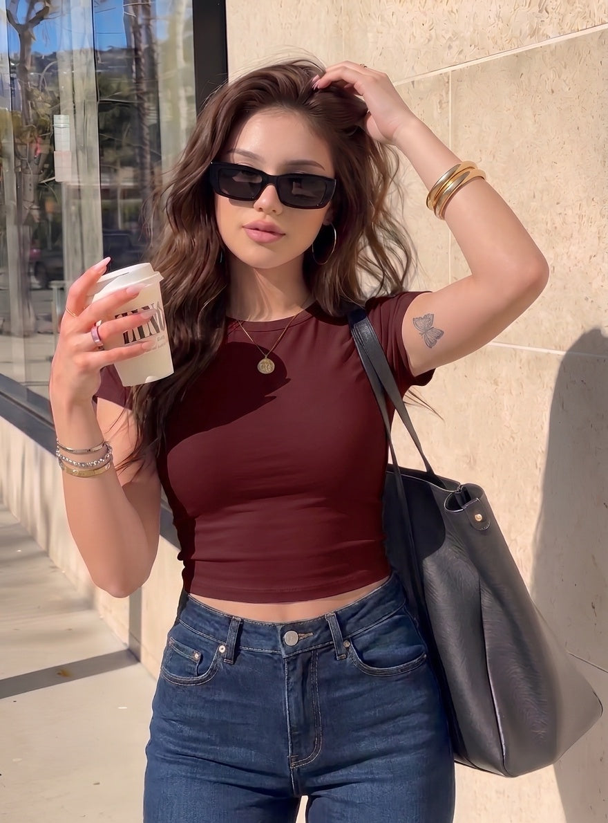 Kadın Bordo  Bisiklet Yaka Likralı Kısa Kol Body Crop Bluz