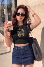 Kadın Siyah Kiraz Leopar Desenli Bisiklet Yaka Likralı Kısa Kol Body Crop Bluz