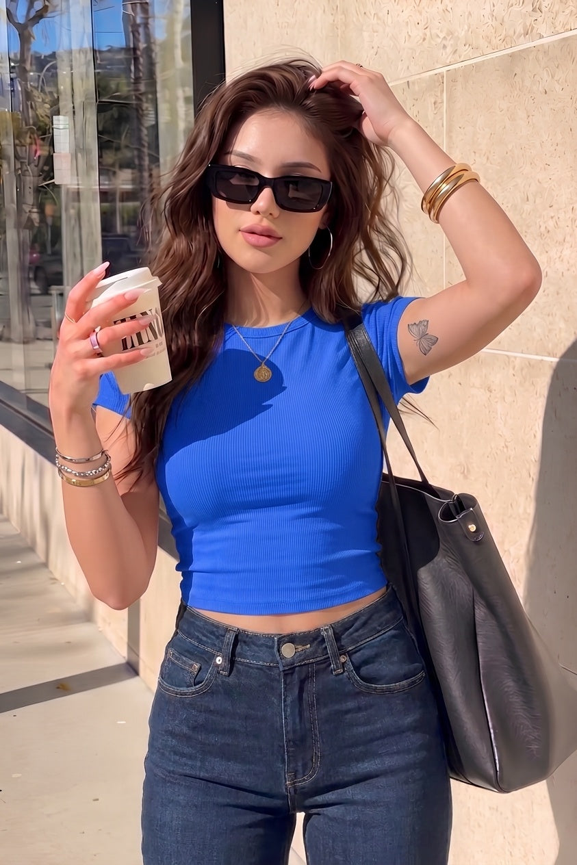 Kadın Saks Mavisi Bisiklet Yaka Kısa Kollu Fitilli Kaşkorse Crop Bluz