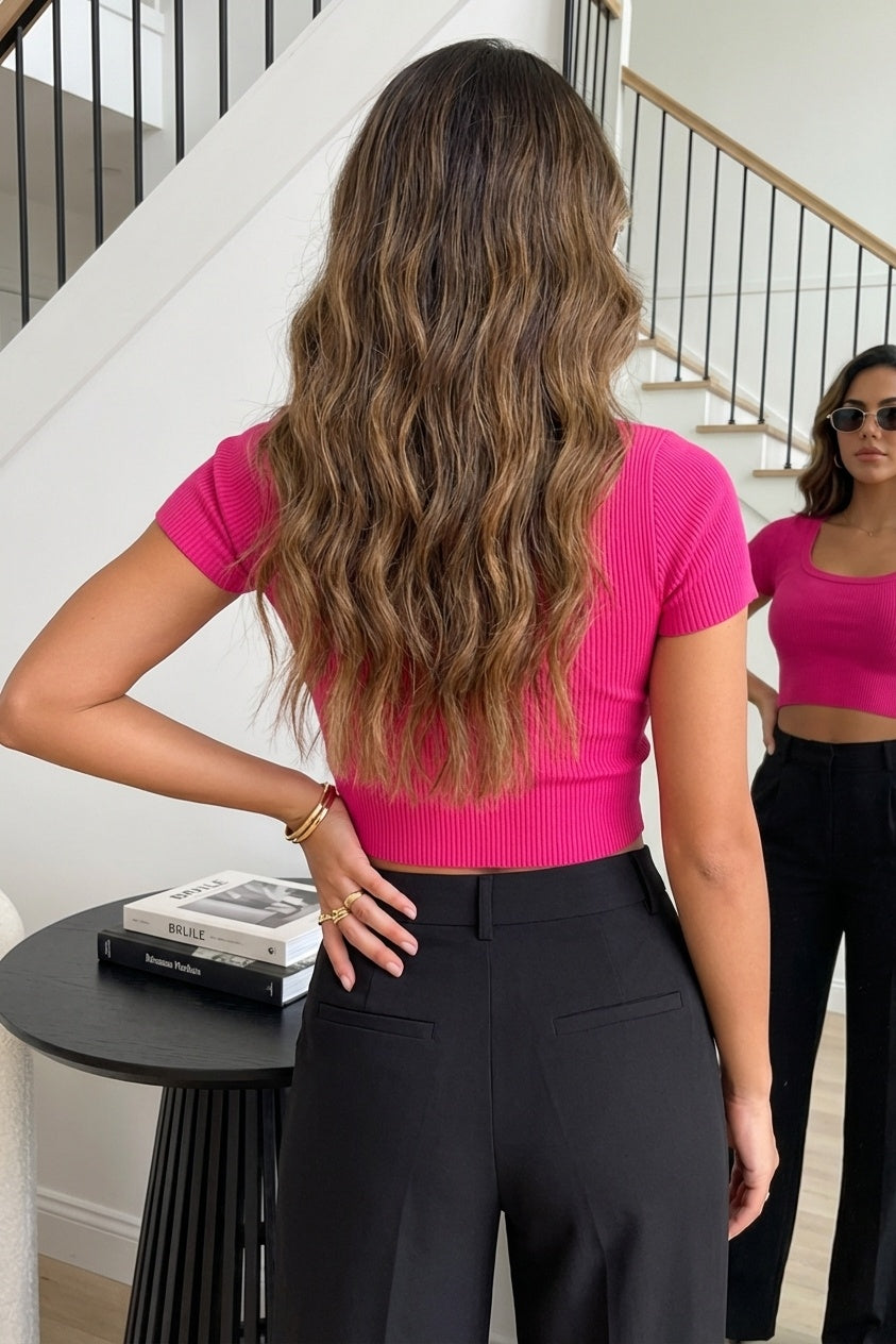 Kadın Şeker Pembe U Yaka Kısa Kollu Fitilli Kaşkorse Bluz Body