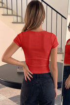 Kadın Kırmızı U Yaka Kısa Kollu Fitilli Kaşkorse Body T-Shirt