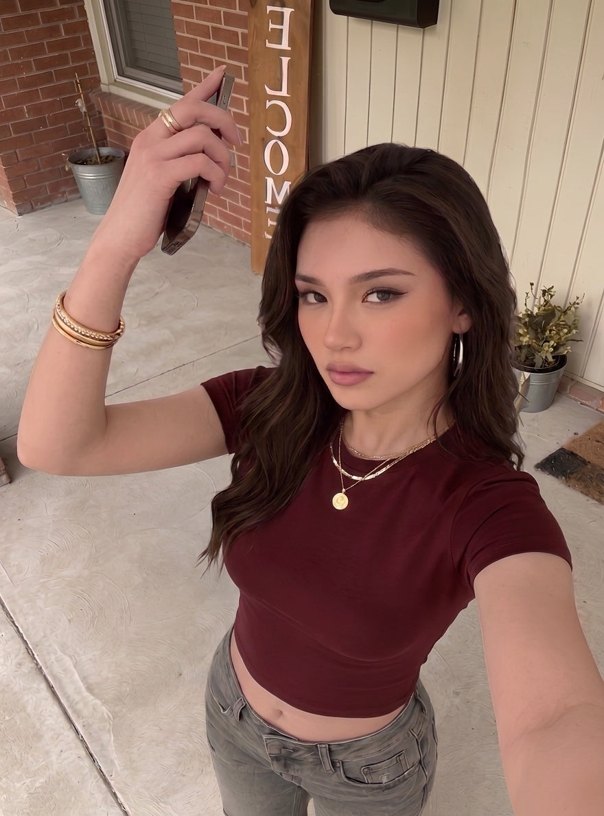 Kadın Bordo  Bisiklet Yaka Likralı Kısa Kol Body Crop Bluz