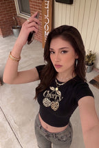 Kadın Siyah Kiraz Leopar Desenli Bisiklet Yaka Likralı Kısa Kol Body Crop Bluz