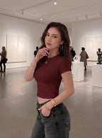 Kadın Bordo  Bisiklet Yaka Likralı Kısa Kol Body Crop Bluz