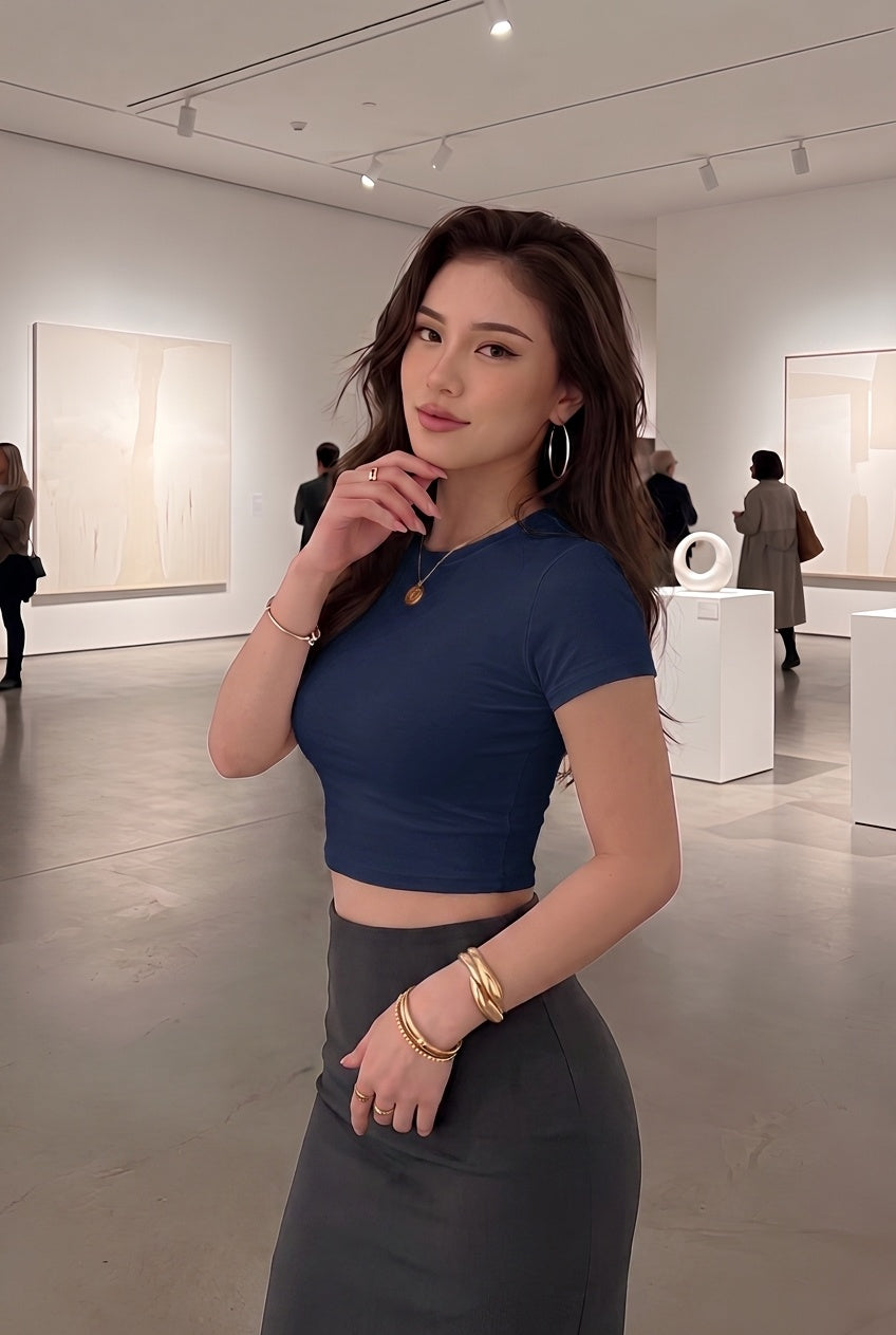 Kadın Lacivert Bisiklet Yaka Likralı Kısa Kol Body Crop Bluz