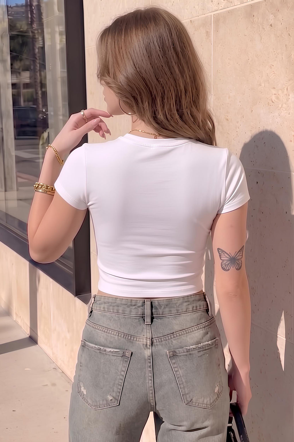 Kadın Beyaz Bisiklet Yaka Likralı Kısa Kol Body Crop Bluz