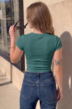 Kadın Petrol Yeşili U Yaka Kısa Kollu Fitilli Kaşkorse Body T-Shirt