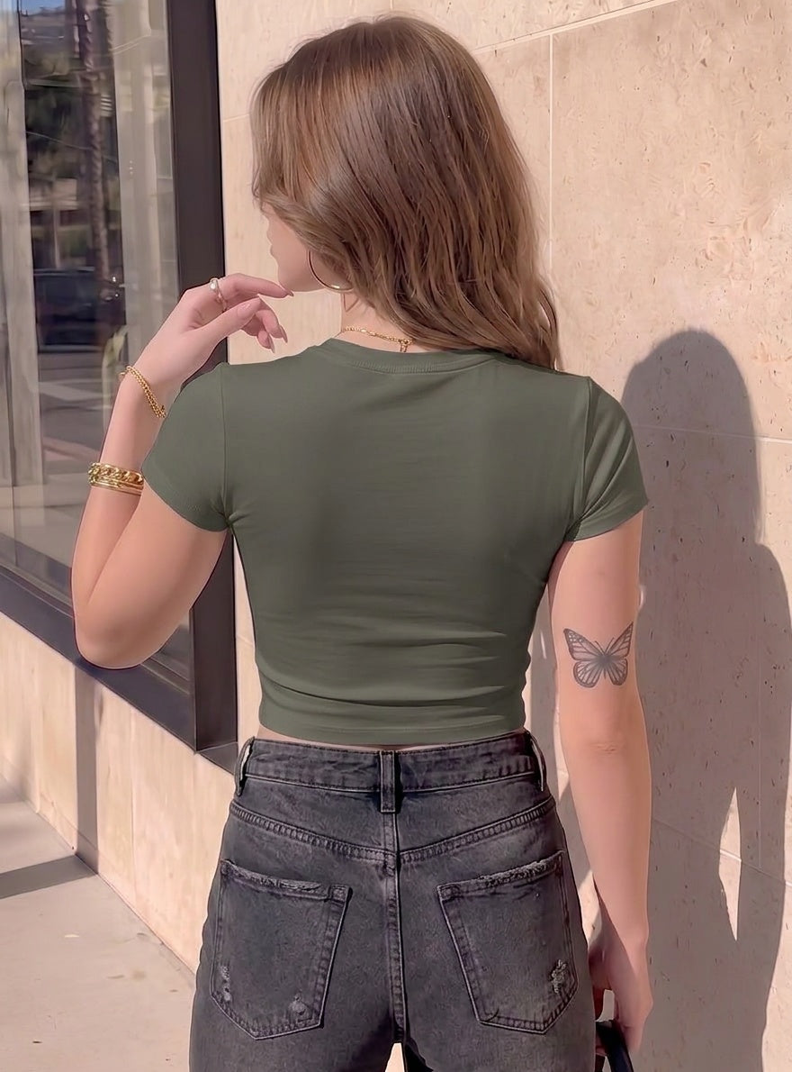 Kadın Haki Yeşili Bisiklet Yaka Likralı Kısa Kol Body Crop T-Shirt
