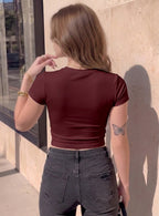 Kadın Bordo  Bisiklet Yaka Likralı Kısa Kol Body Crop Bluz