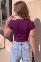Kadın Mürdüm Bisiklet Yaka Likralı Kısa Kol Body Crop T-Shirt
