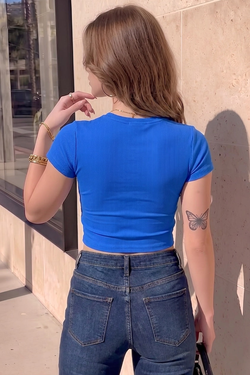 Kadın Saks Mavisi Bisiklet Yaka Kısa Kollu Fitilli Kaşkorse Crop Bluz