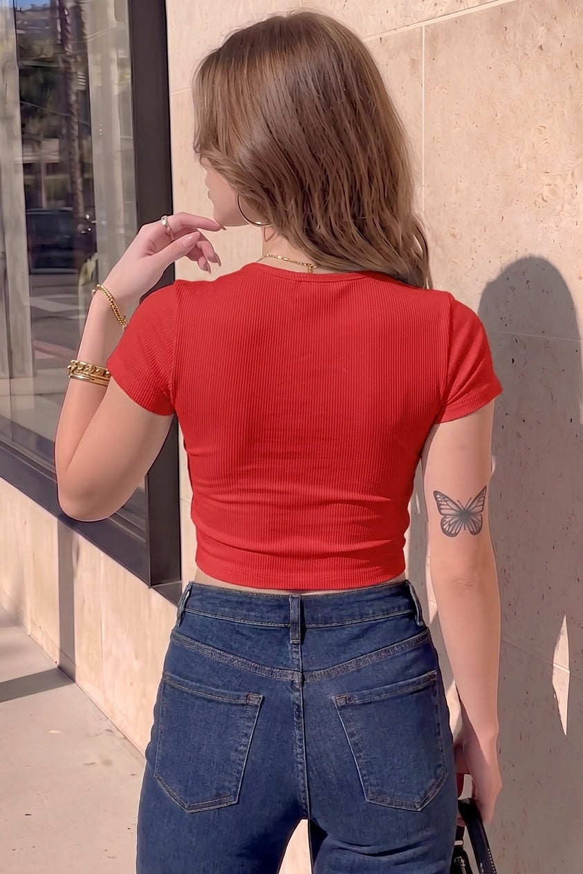 Kadın Kırmızı Bisiklet Yaka Kısa Kollu Fitilli Kaşkorse Crop Bluz