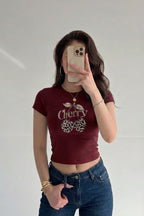 Kadın Bordo Kiraz Leopar Desenli Bisiklet Yaka Likralı Kısa Kol Body Crop Bluz