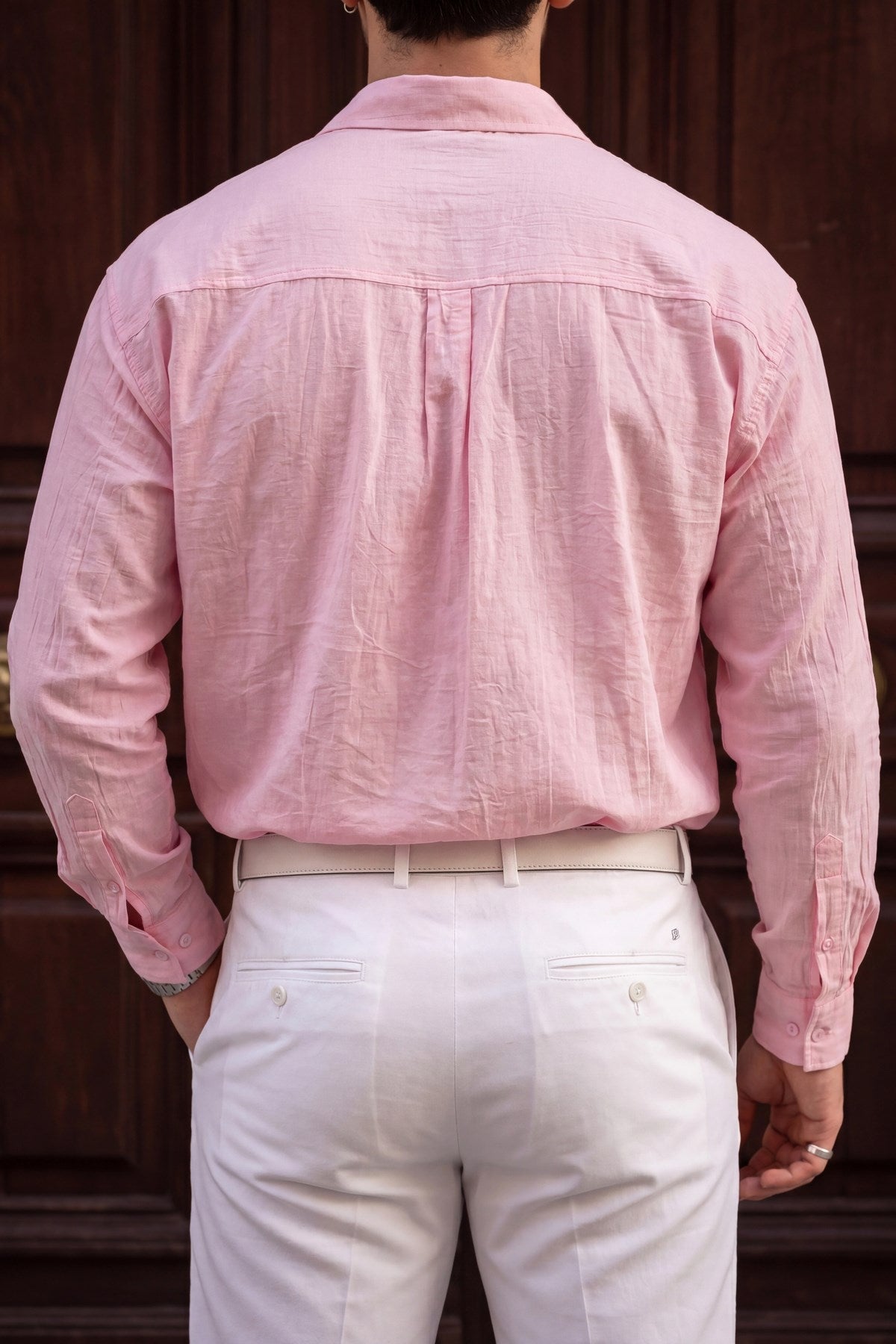 Rio Pembe Renkli Soft Keten Görünümlü Yarım Oversize Rahat Kalıp Gömlek