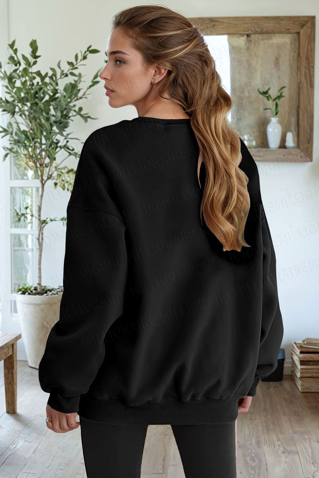 Unisex Siyah Basic 0 Sıfır Yaka Baskısız Düz Oversize Salaş Bol Kesim Polar Sweatshirt