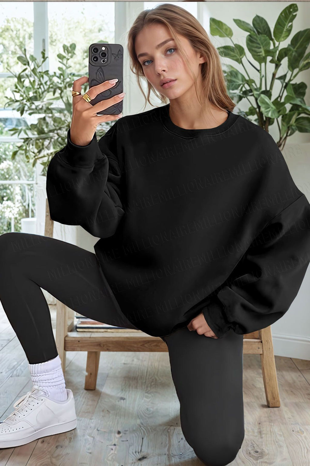Unisex Siyah Basic 0 Sıfır Yaka Baskısız Düz Oversize Salaş Bol Kesim Polar Sweatshirt