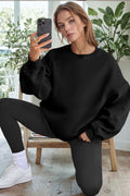 Unisex Siyah Basic 0 Sıfır Yaka Baskısız Düz Oversize Salaş Bol Kesim Polar Sweatshirt