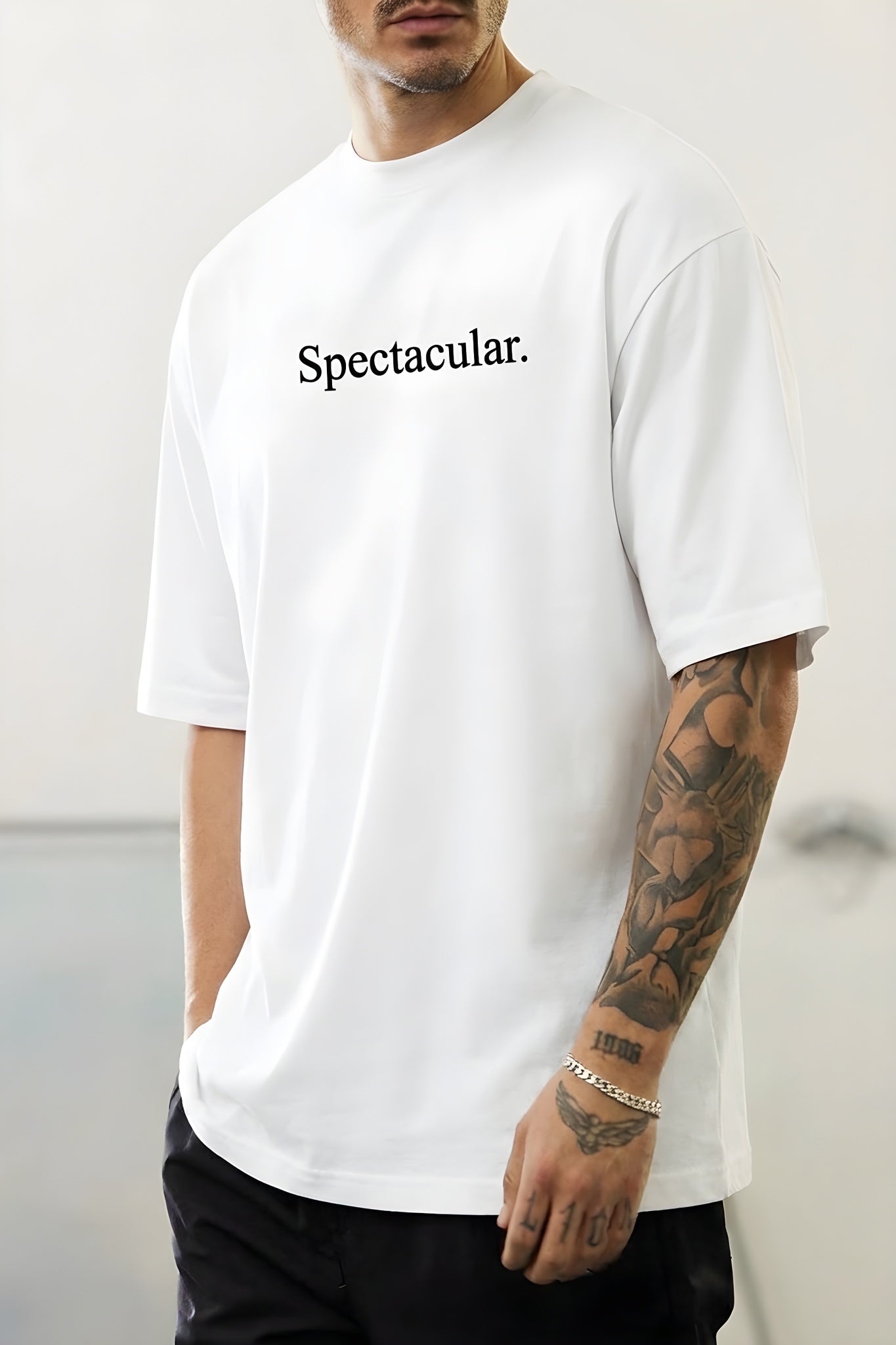 Erkek Spectacular Beyaz Bisiklet Yaka Oversize Salas T-Shirt
