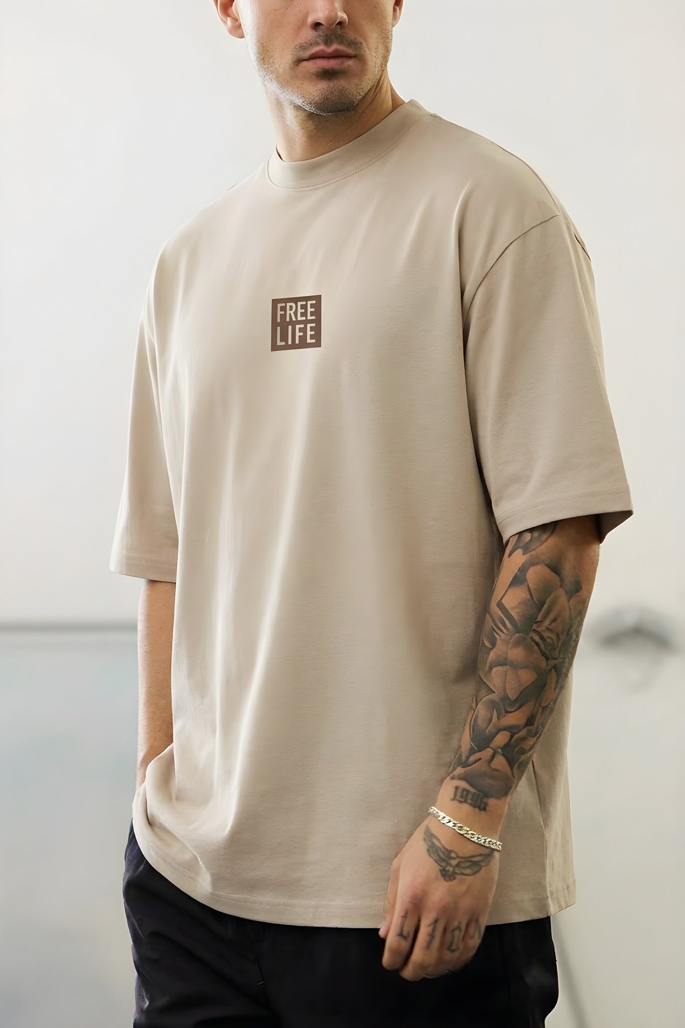 Erkek Free Life Camel Bisiklet Yaka Oversize Salas T-Shirt