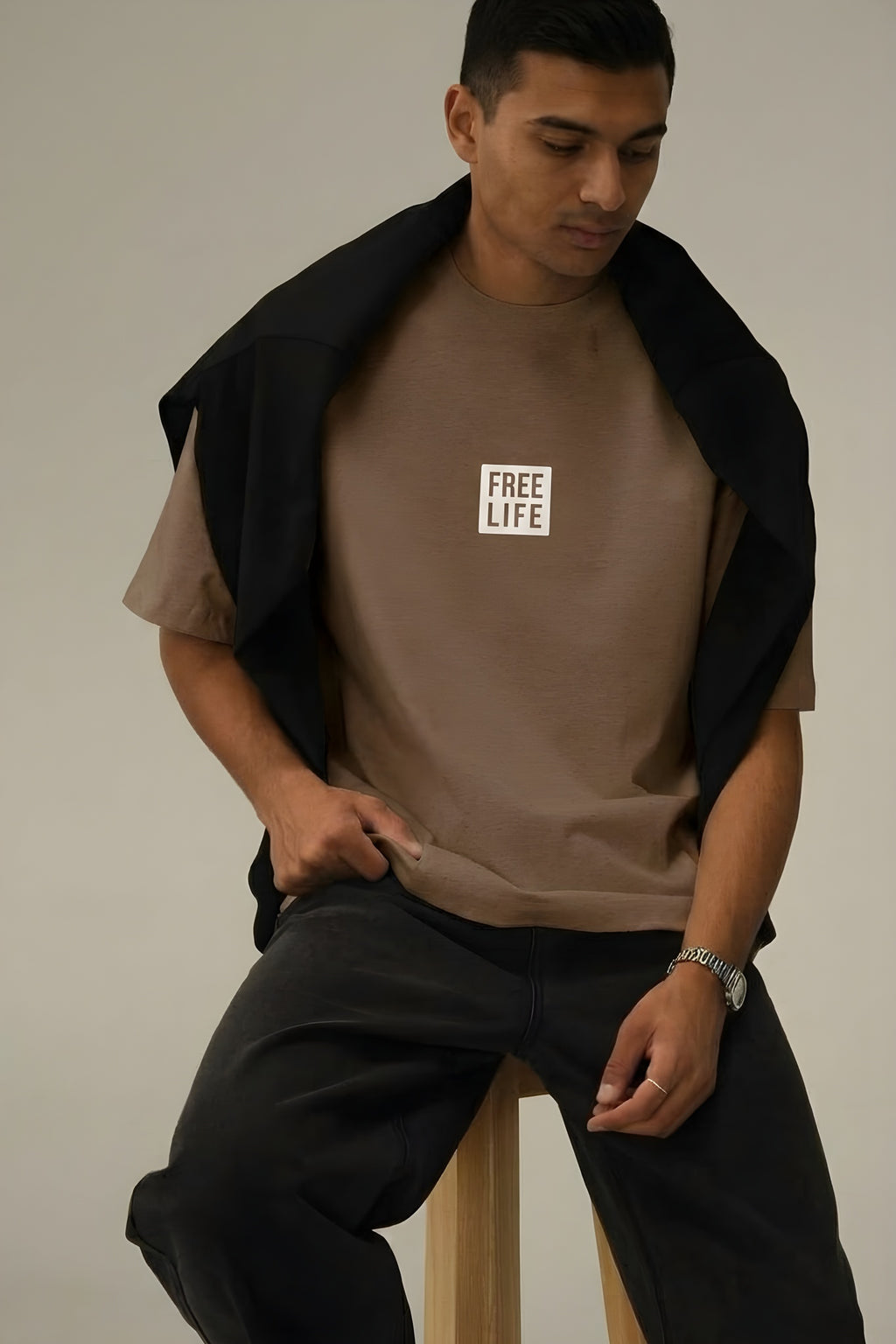 Erkek Free Life Mocha Kahverengi Bisiklet Yaka Oversize Salas T-Shirt