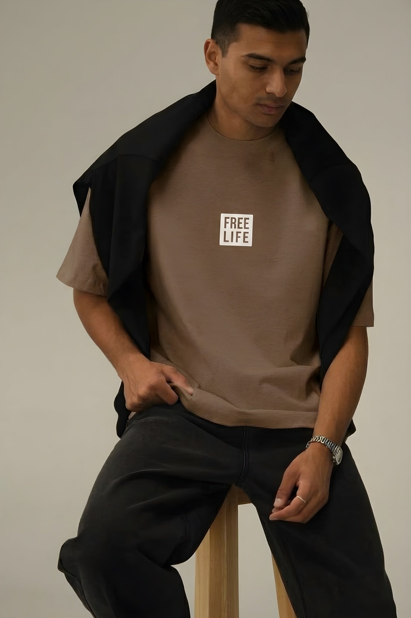 Erkek Free Life Mocha Kahverengi Bisiklet Yaka Oversize Salas T-Shirt