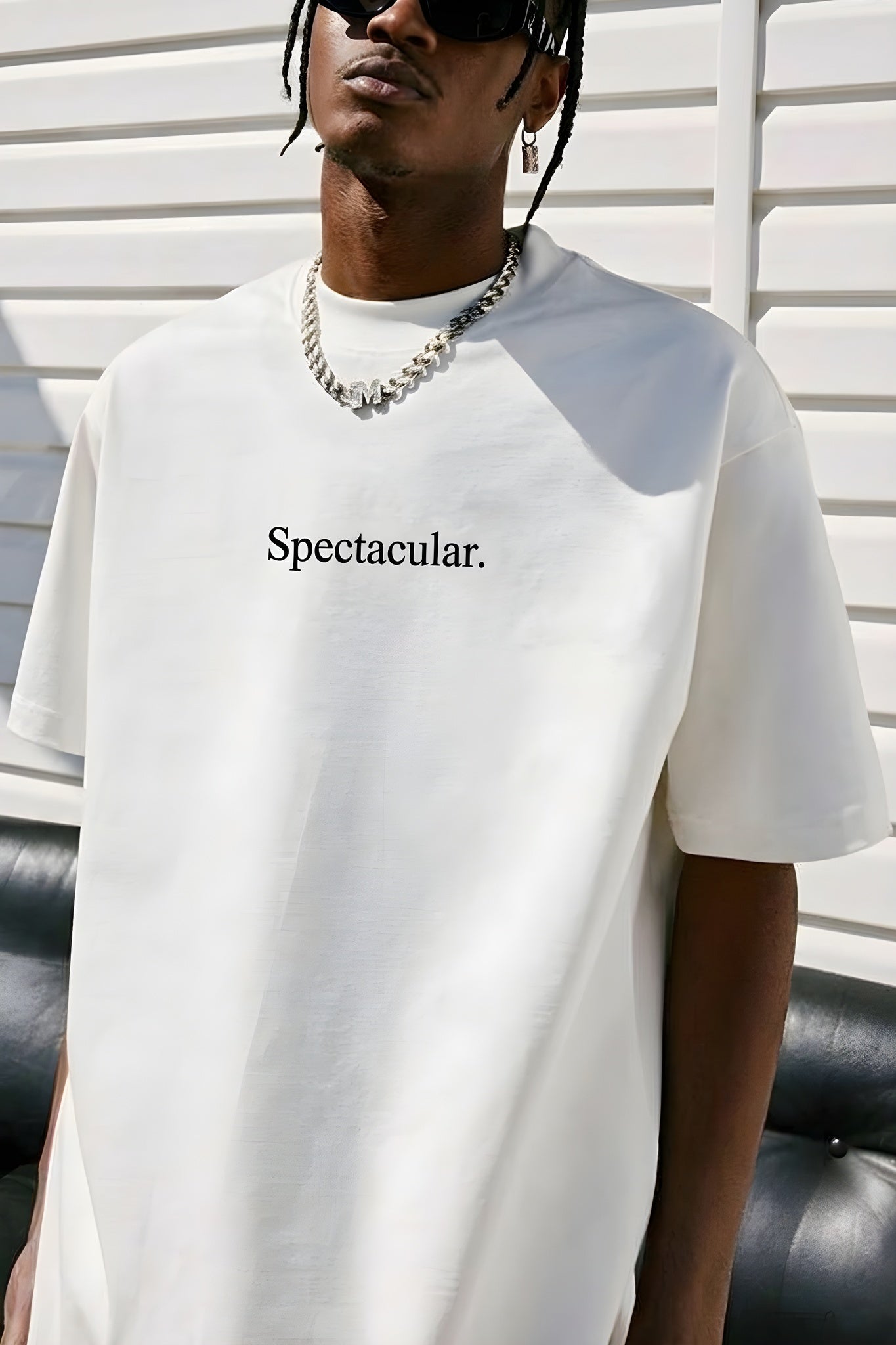 Erkek Spectacular Beyaz Bisiklet Yaka Oversize Salas T-Shirt